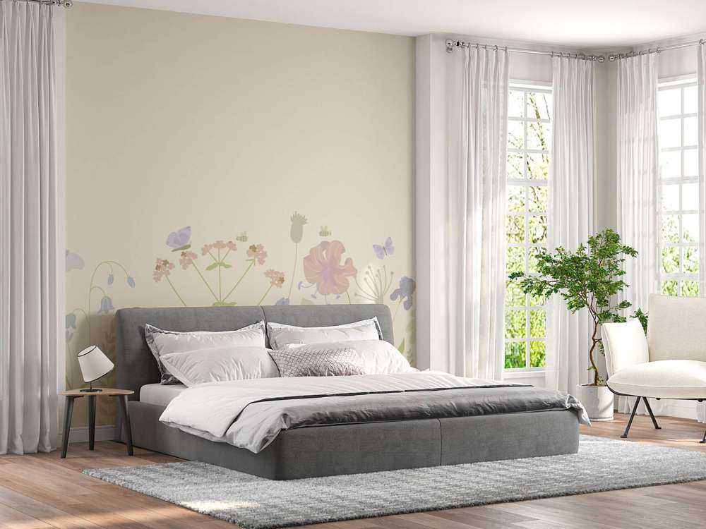 Champ de fleurs avec papillons beige, vieux rose, vert et lilas