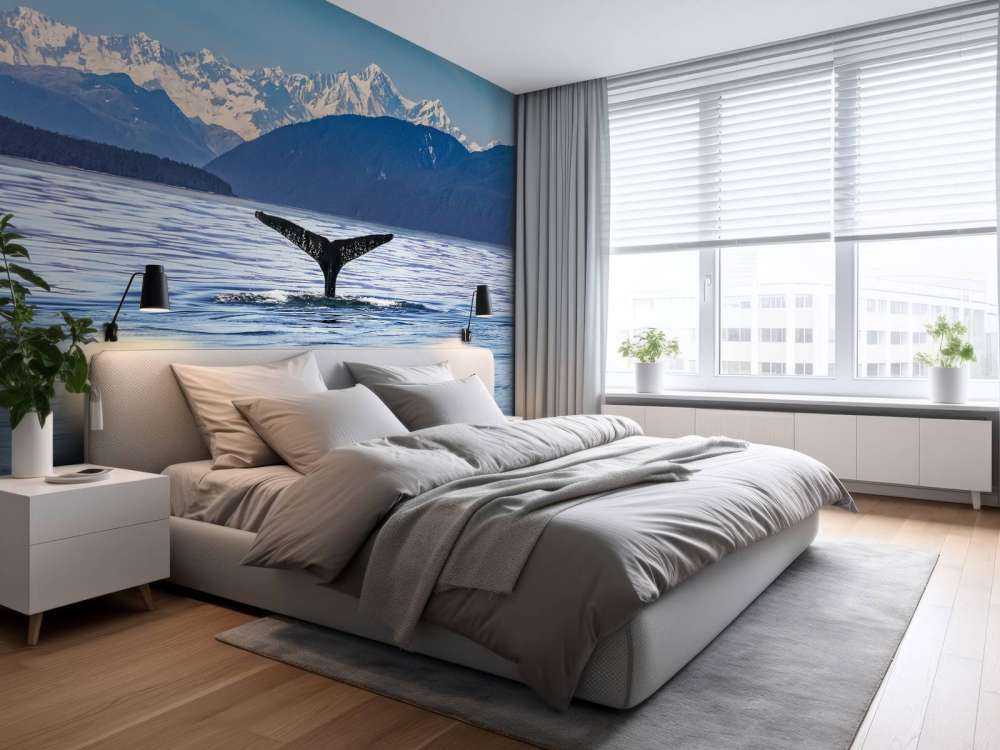 Baleine plongeante avec des montagnes à l'arrière-plan