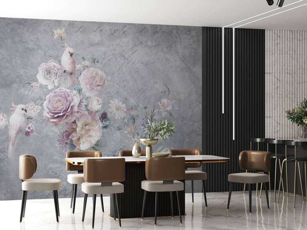 Perroquets parmi les fleurs