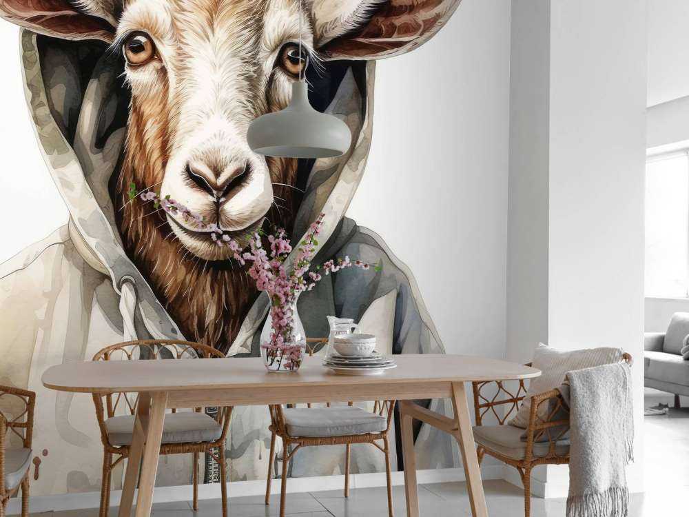 Chèvre de dessin animé en aquarelle avec un sweat à capuche