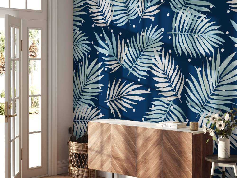 Motif de feuilles tropicales bleu canard