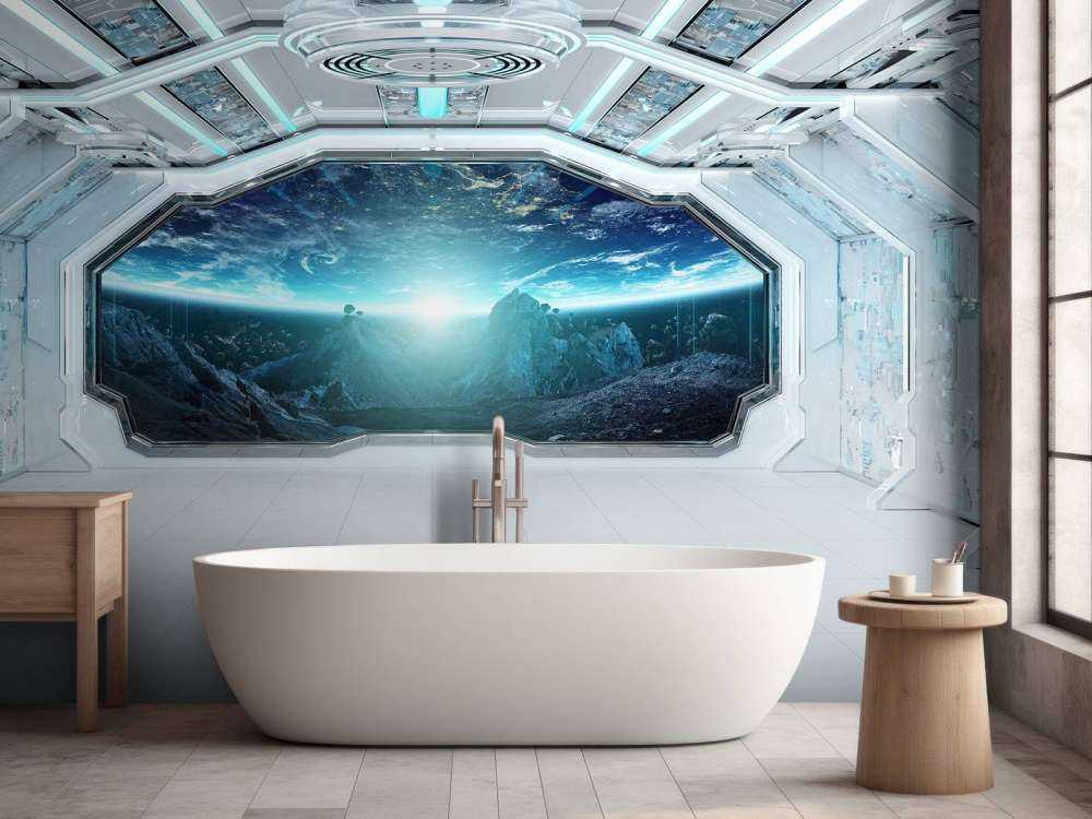 Vaisseau spatial avec vue sur une planète