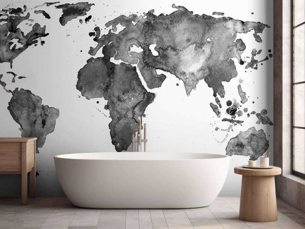 Carte du monde en noir de l'aquarelle