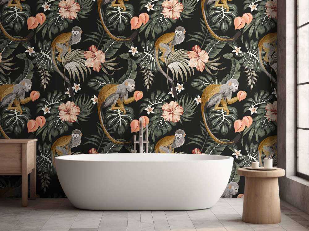 Feuilles tropicales avec des singes