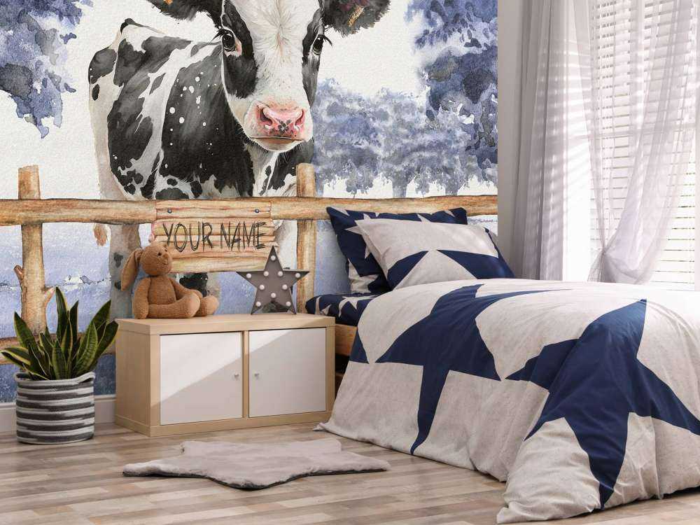 Jeune vache dans un pré bleu