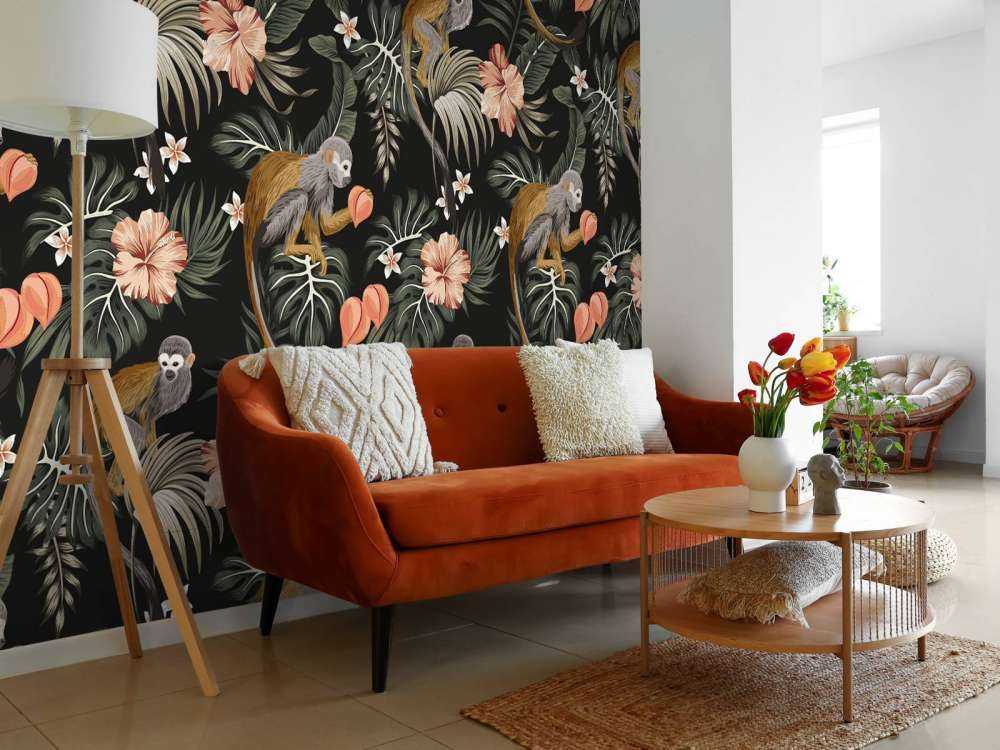 Feuilles tropicales avec des singes
