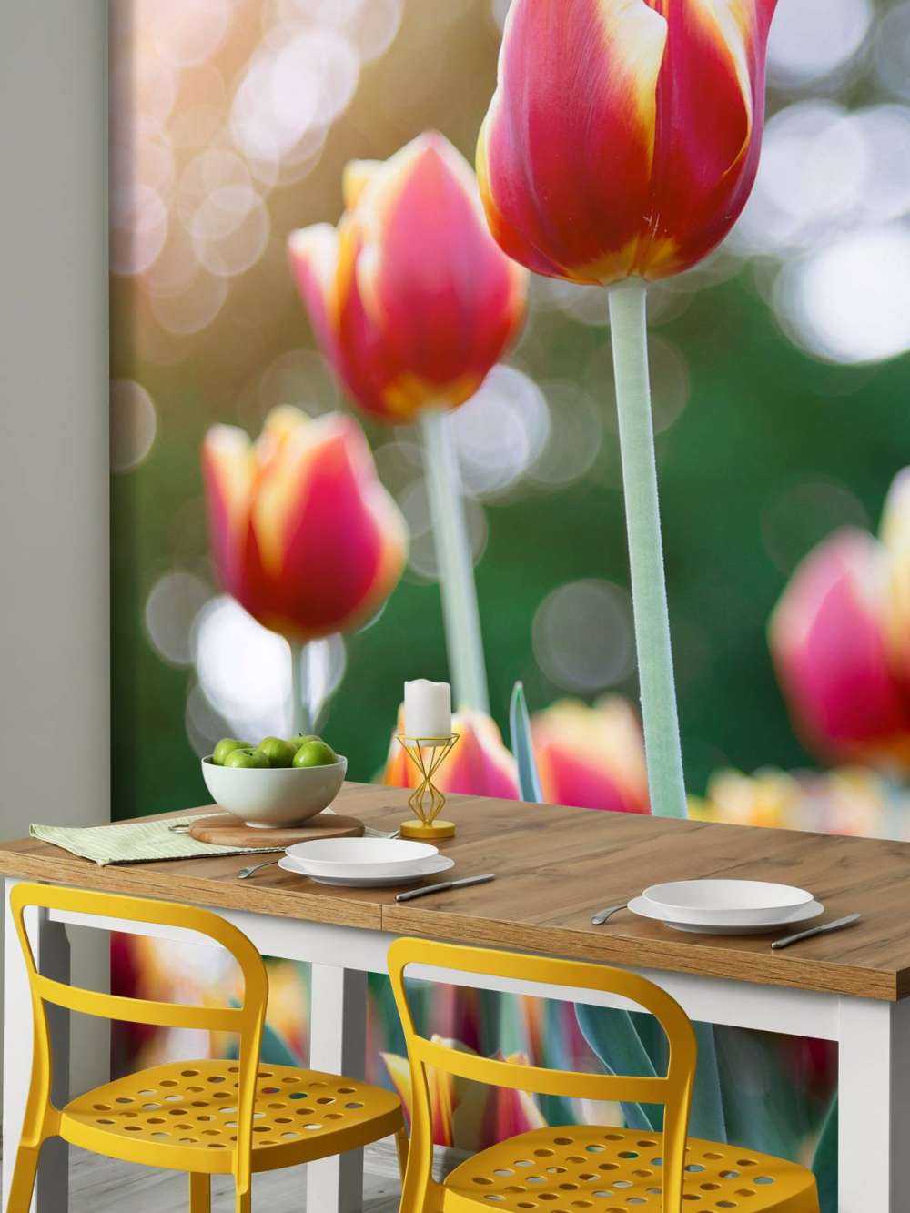 Rouge avec des tulipes jaunes