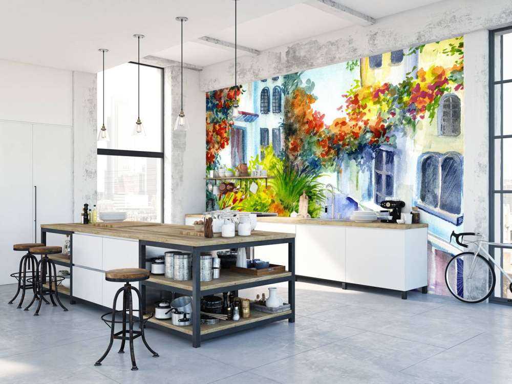 Fleurs et bâtiments en aquarelle