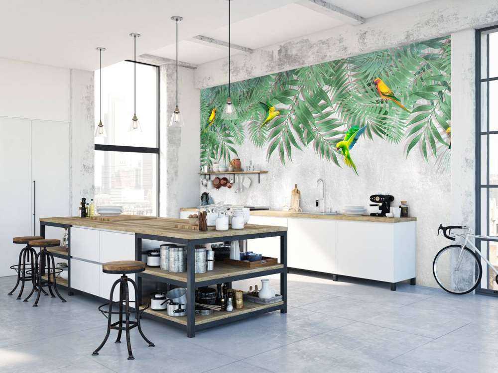 Feuilles tropicales et perruches