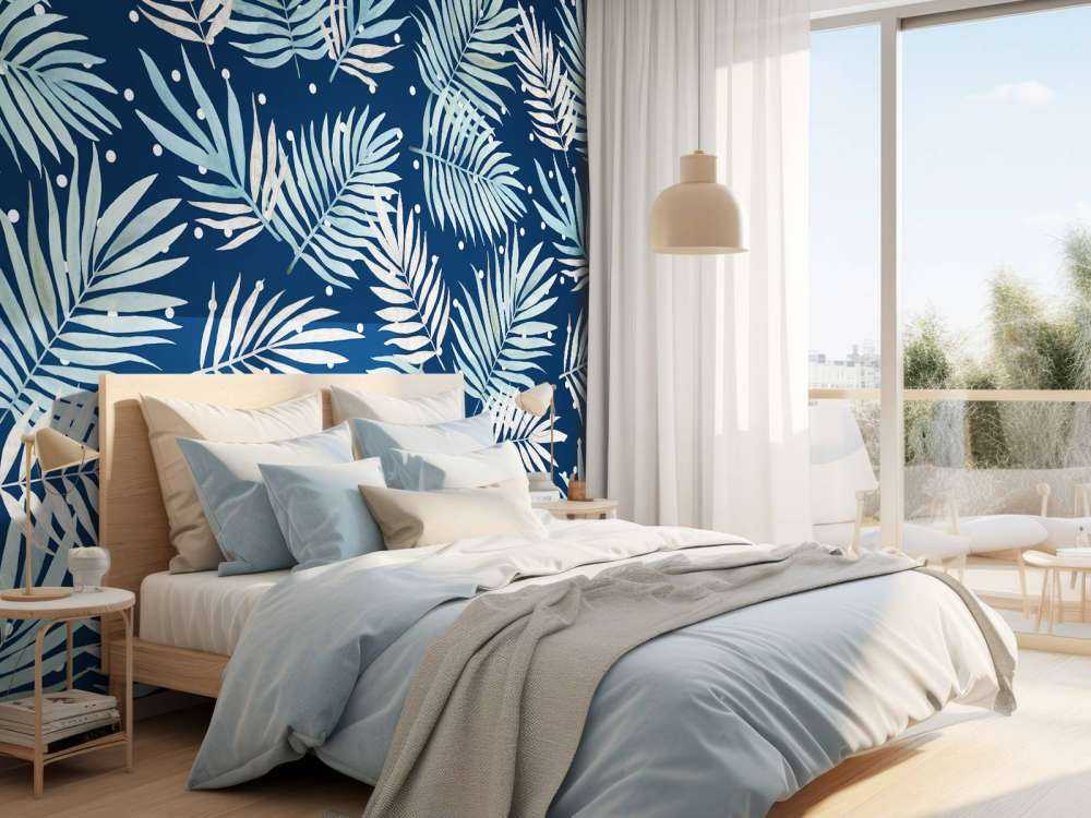 Motif de feuilles tropicales bleu canard