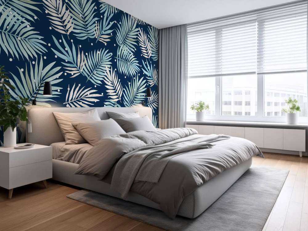 Motif de feuilles tropicales bleu canard