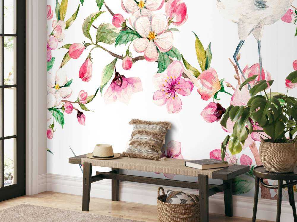 Peinture de grues avec fleurs