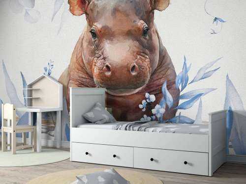 Bébé hippopotame dans les feuilles bleu
