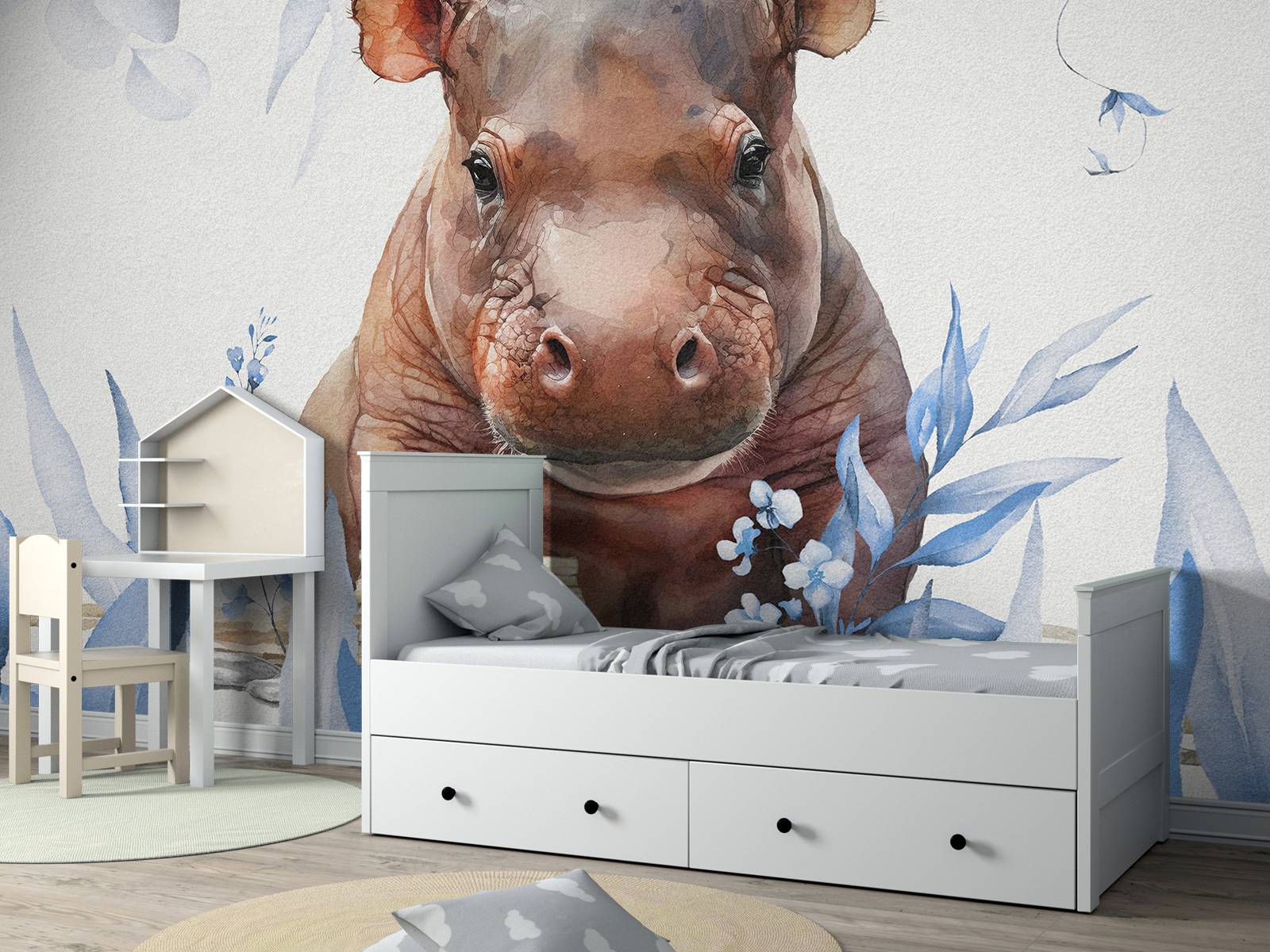 Bébé hippopotame dans les feuilles bleu