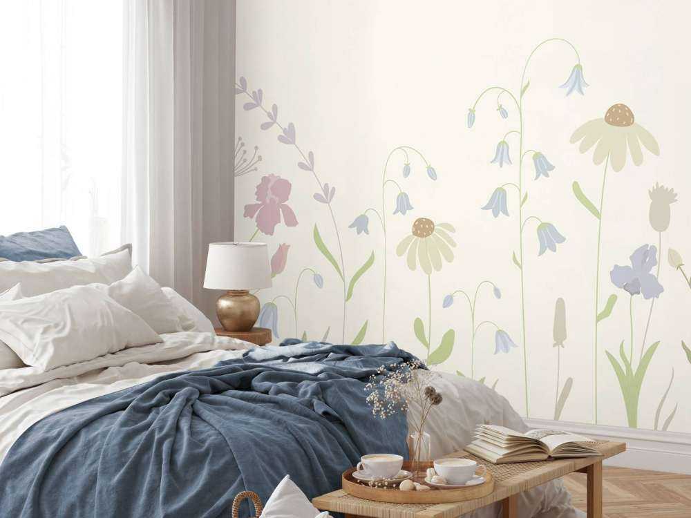 Champ de fleurs en hauteur beige, vieux rose, vert et lilas