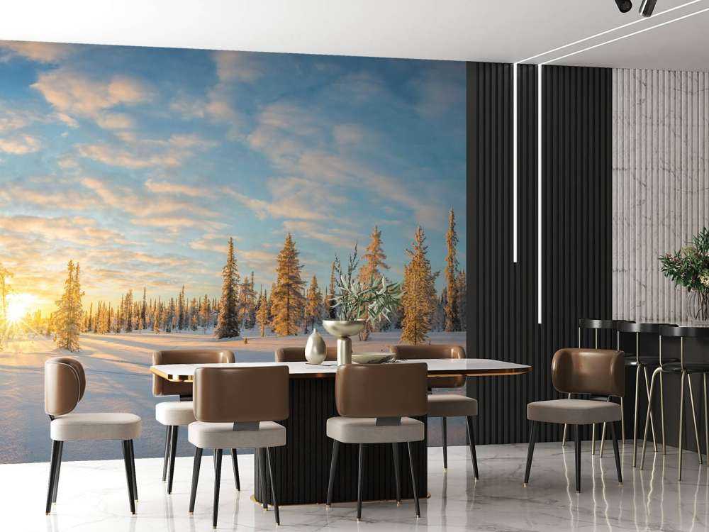 Paysage de neige au coucher du soleil