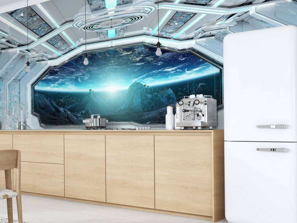 Vaisseau spatial avec vue sur une planète