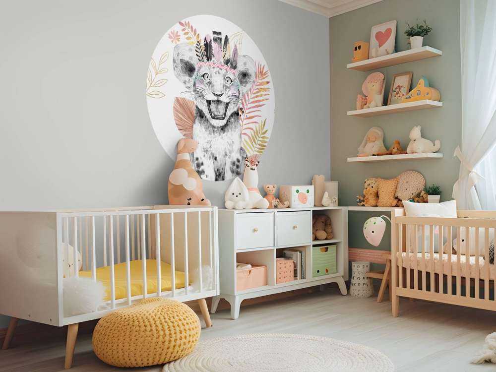Bébé lionne feuillage rose corail et or