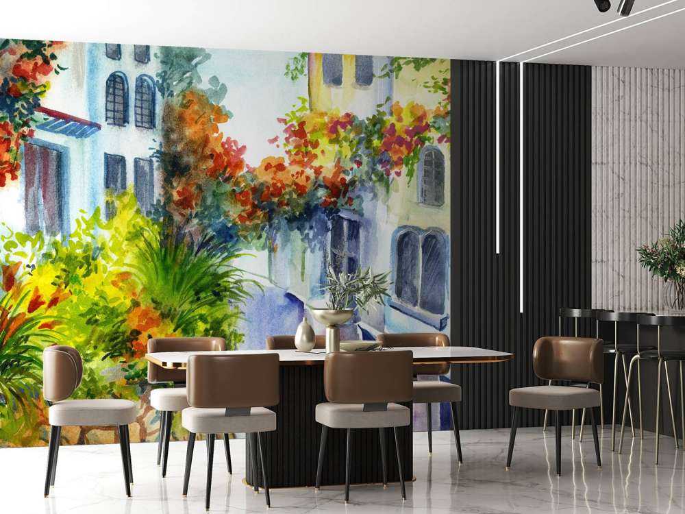 Fleurs et bâtiments en aquarelle