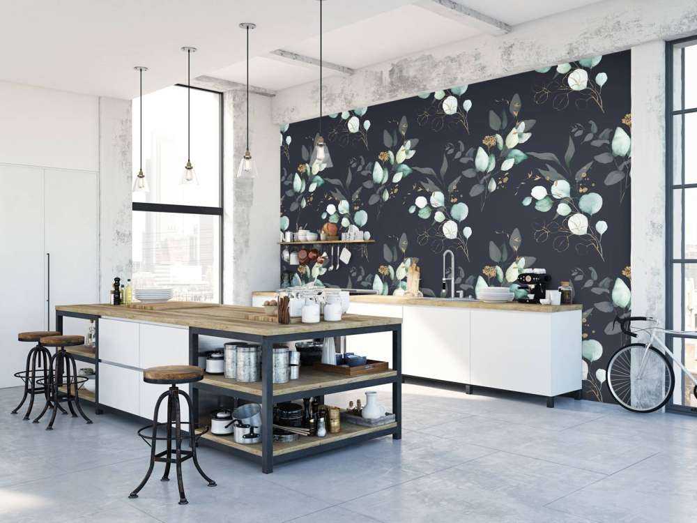 Motif Feuilles bleu foncé avec or