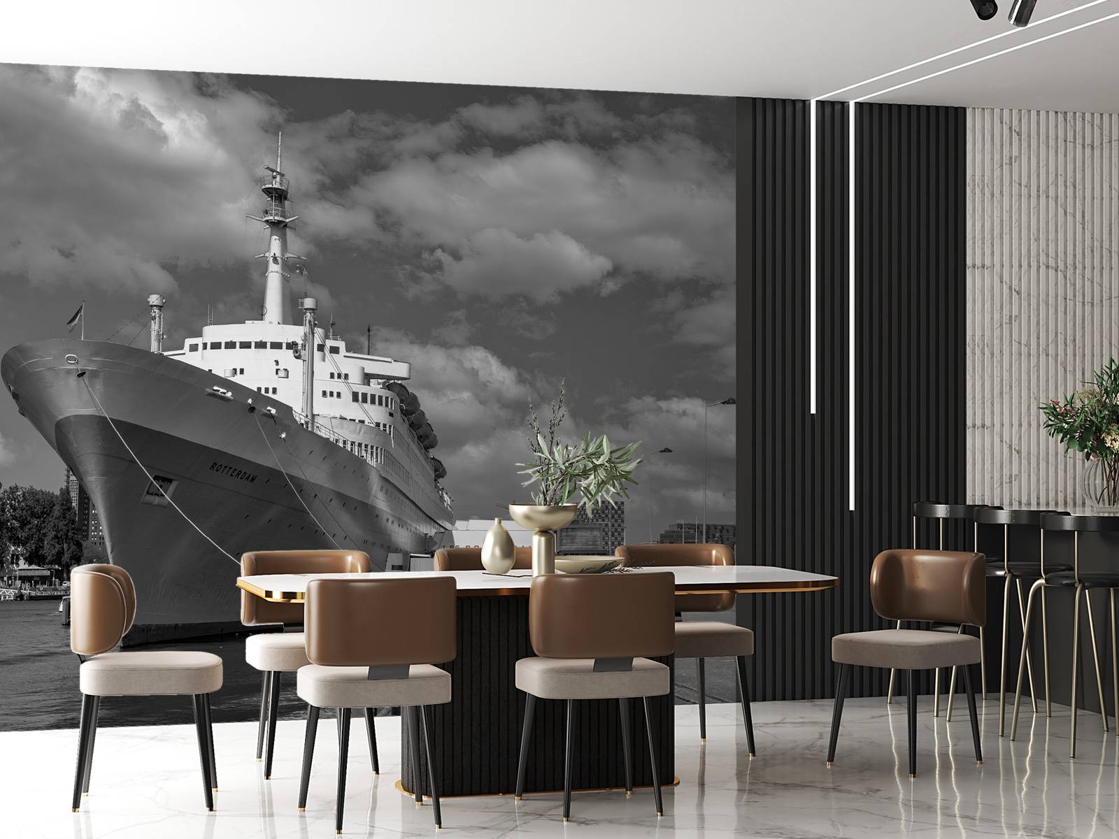 Ancien navire à vapeur le SS Rotterdam en noir et blanc  