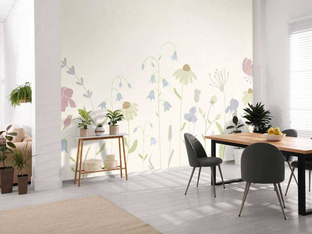 Champ de fleurs en hauteur beige, vieux rose, vert et lilas