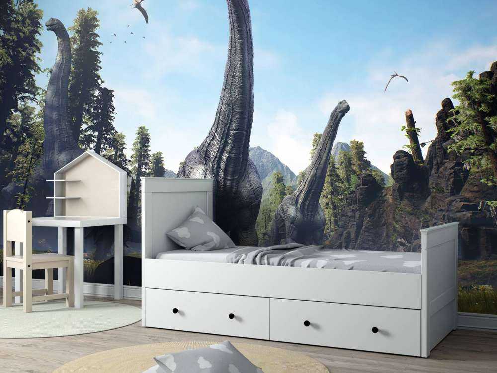 Groupe d'Alamosaurus marchant dans une vallée