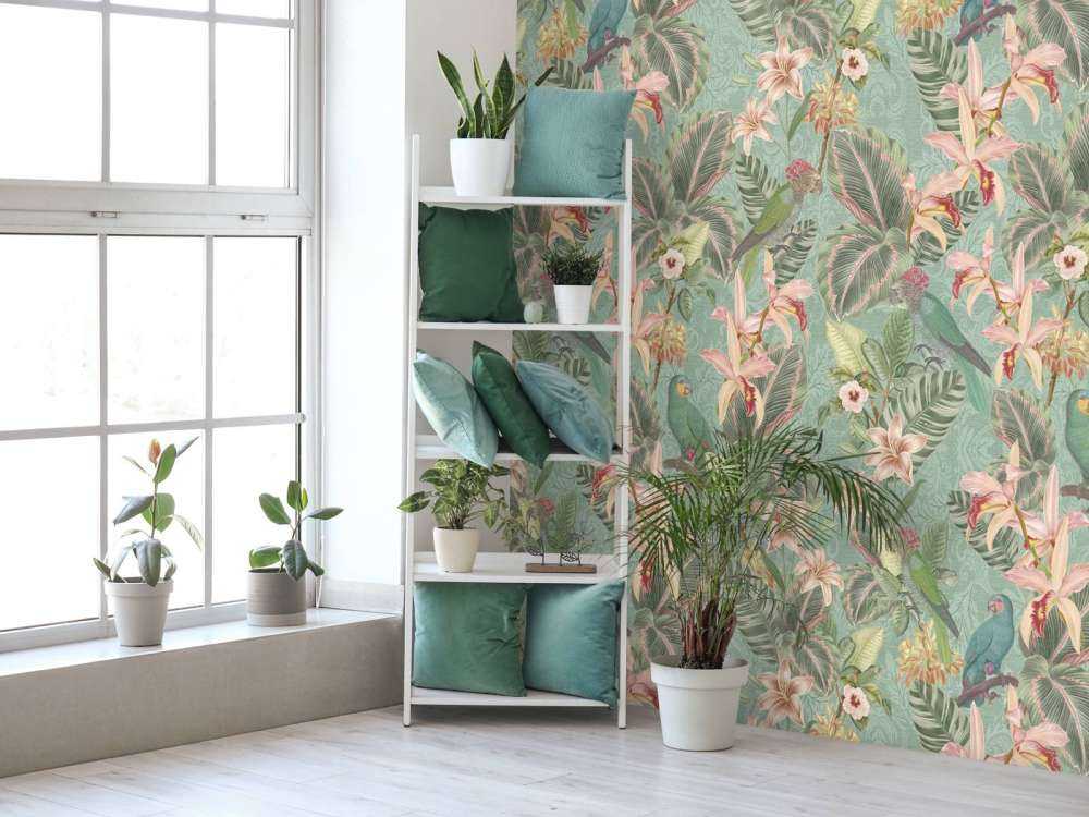 Oiseaux et perroquets de la jungle tropicale - vert menthe