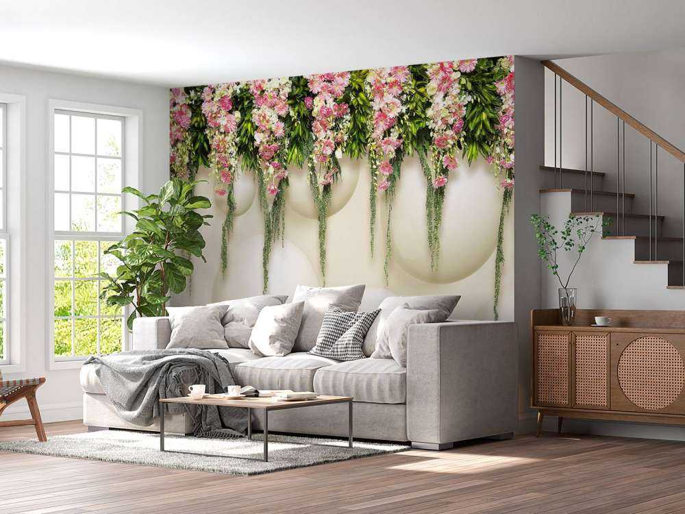 Fleurs roses suspendues sur un mur en 3D
