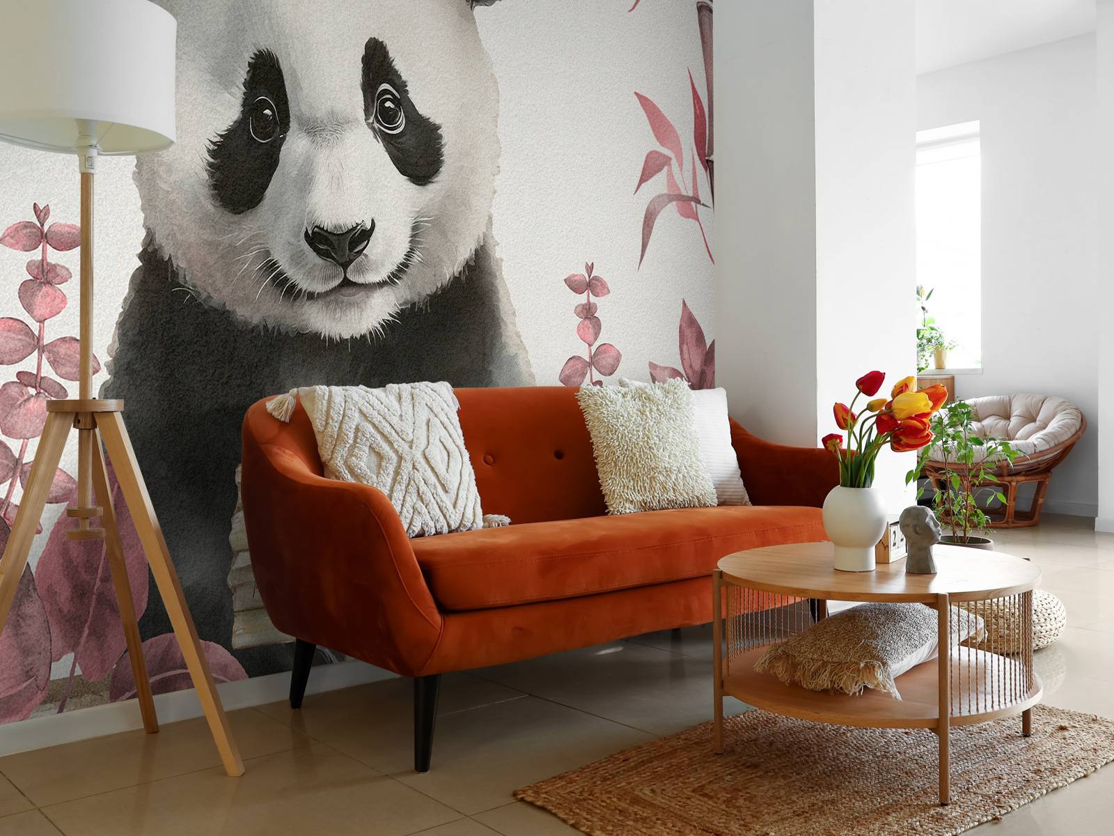 Bébé panda dans la jungle rose