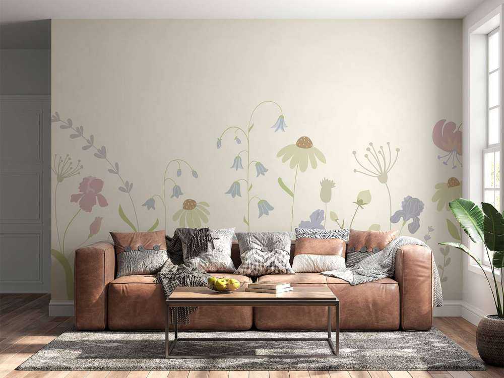 Champ de fleurs en hauteur beige, vieux rose, vert et lilas