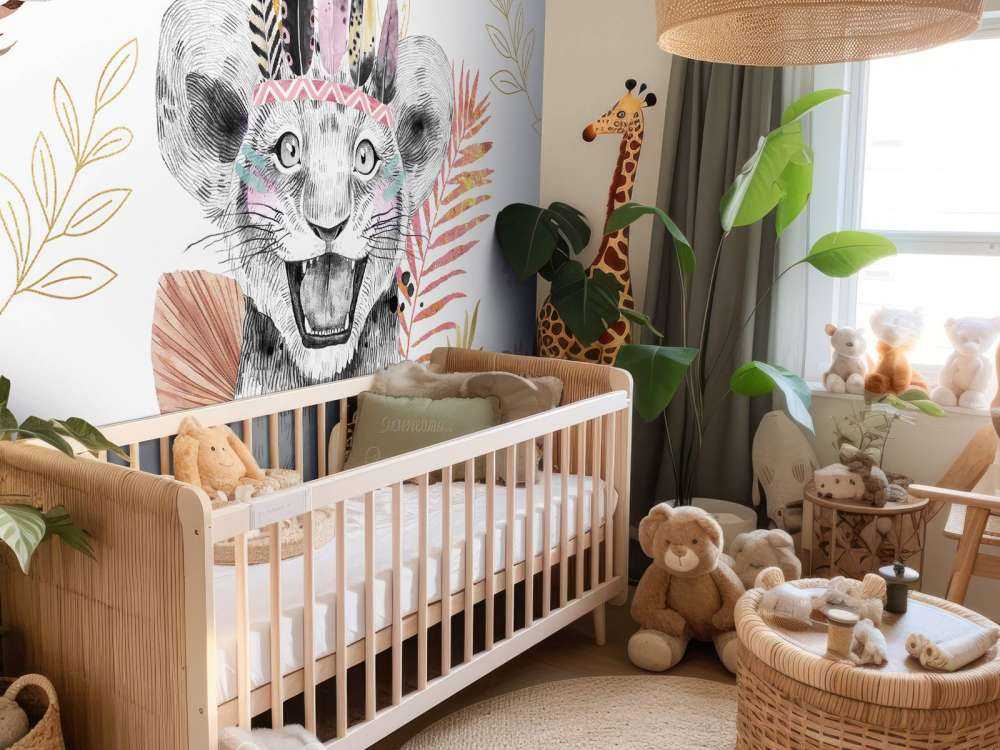Bébé lionne feuillage rose corail et or