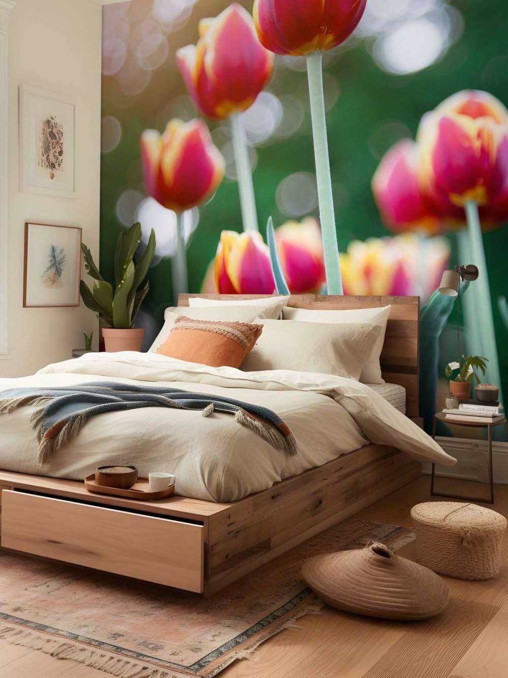 Rouge avec des tulipes jaunes