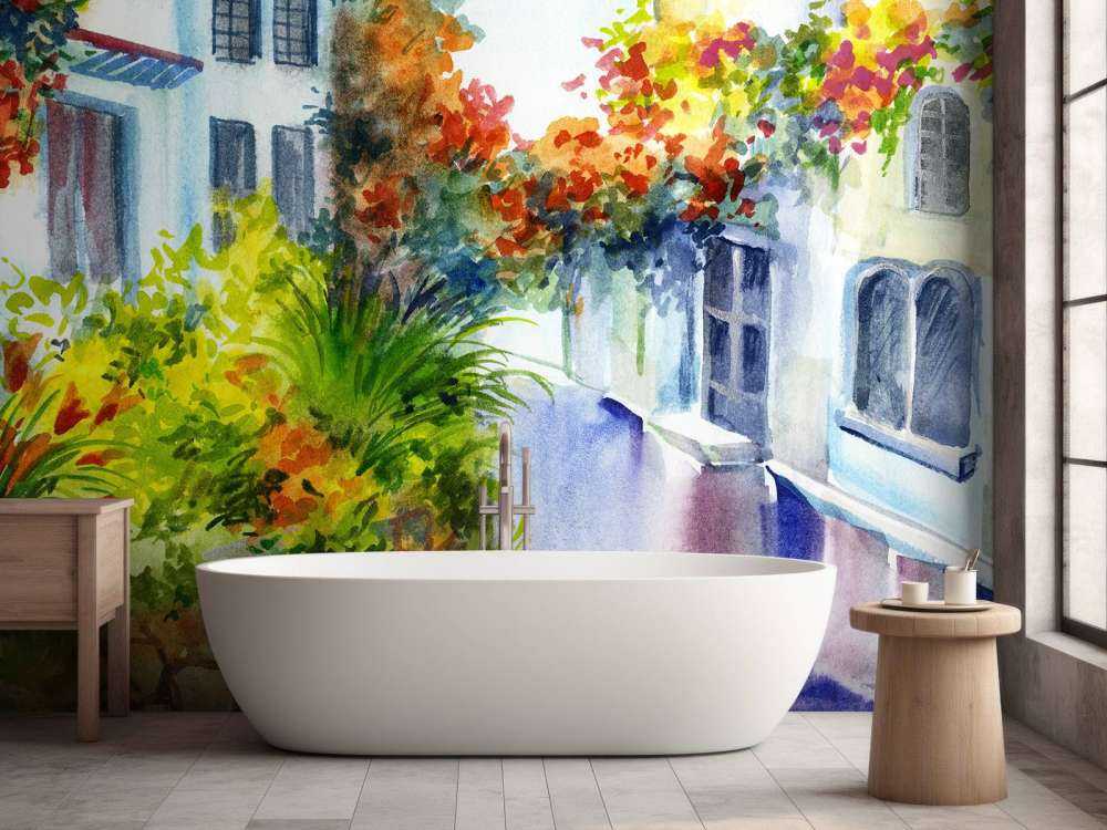 Fleurs et bâtiments en aquarelle