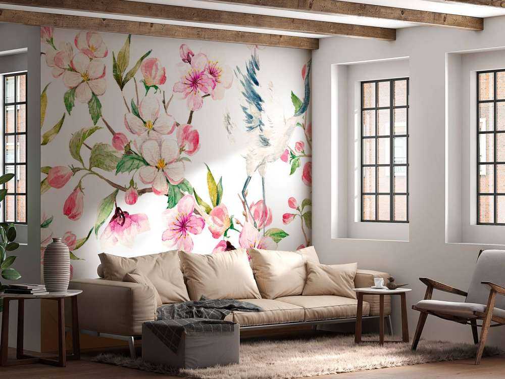 Peinture de grues avec fleurs