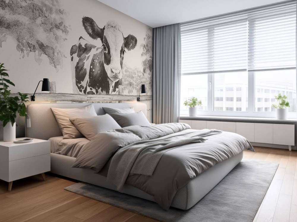 Bébé vache dans un pré beige