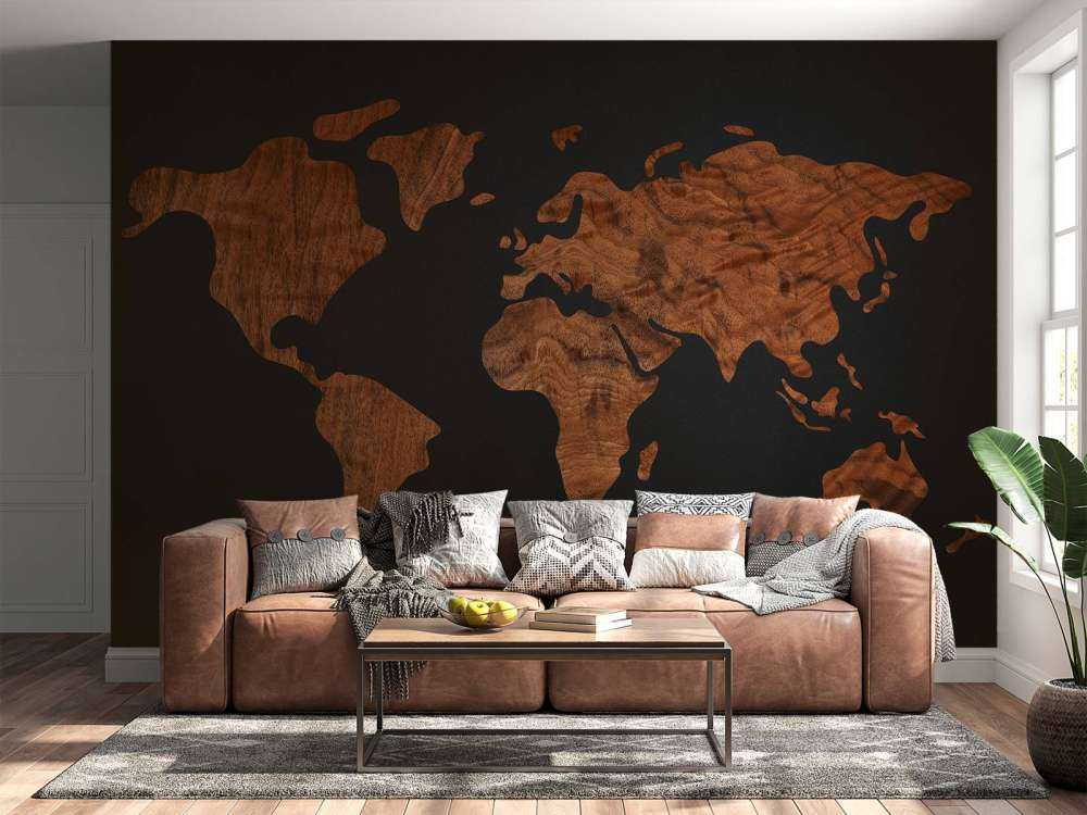 Carte du monde avec placage en bois