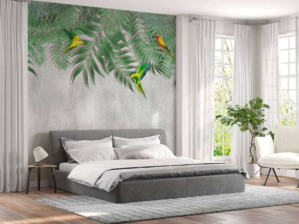 Feuilles tropicales et perruches