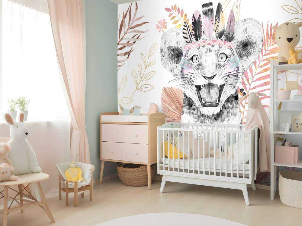 Bébé lionne feuillage rose corail et or