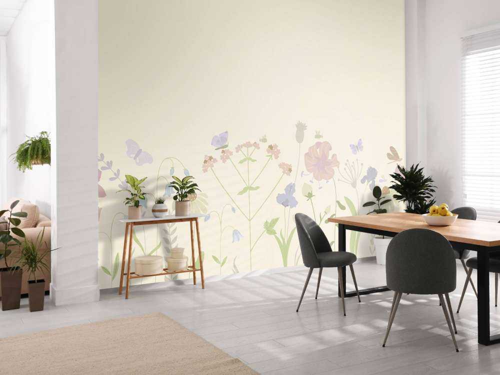 Champ de fleurs avec papillons beige, vieux rose, vert et lilas