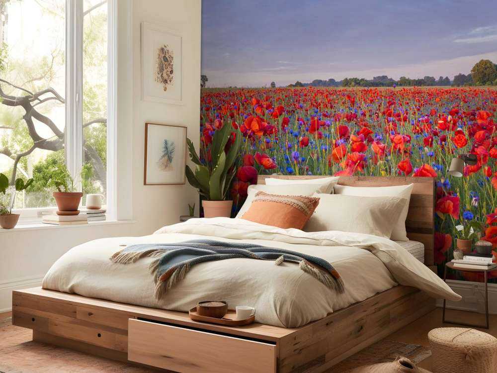 Fleurs bleues et coquelicots rouges